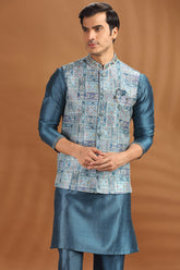 Aqua Blue Silk Kurta Pajama with Printed Jacket
